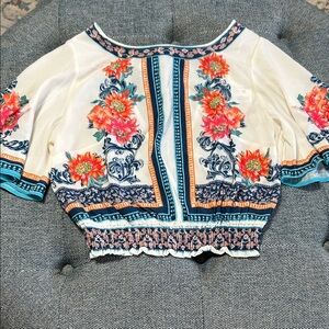 Jealous Tomato White Crop Top with Coral Floral & Navy Border